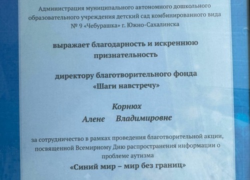 Благодарственное письмо от МАДОУ №9 